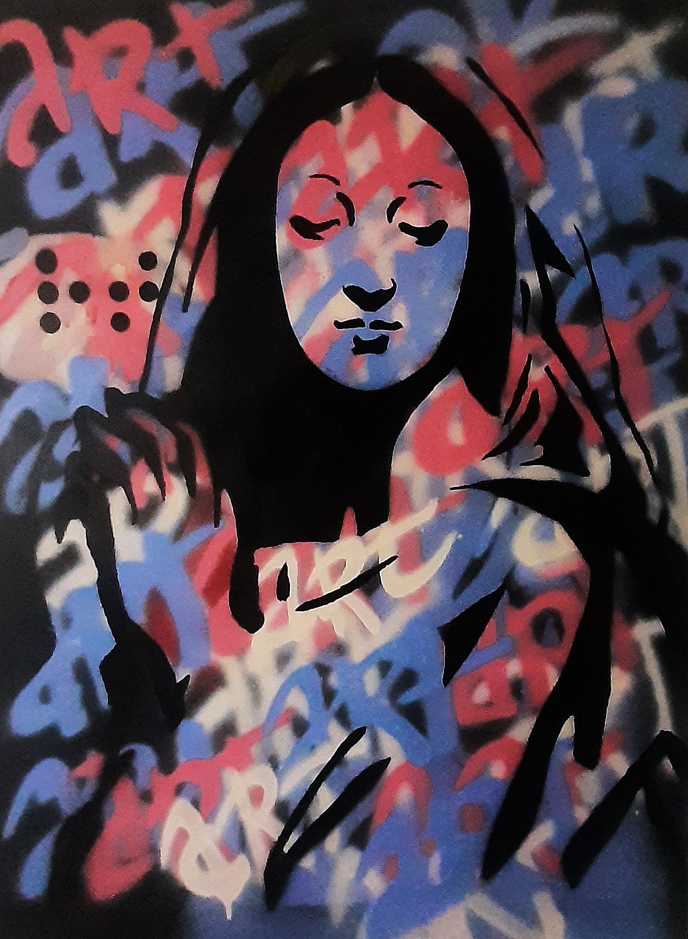 Peinture à la bombe aérosol sur toile. Peinture qui mélange l'iconographie religieuse classique et l'art urbain. Le foisonnement de graffiti en arrière plan contraste avec la sérénité de la figure féminine. Passé et présent de la peinture s'y confrontent et se complètent.